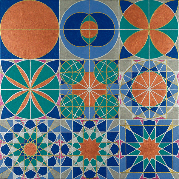 Panel 1 of a painting of the 
			straight-edge and compass construction of a motif from the Ben Yusef Madrasa